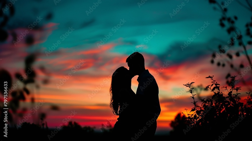 Romantic Silhouette Kiss at Sunset