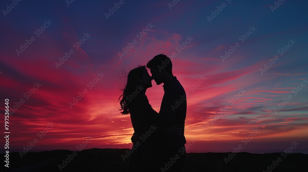 Romantic Silhouette Kiss at Sunset