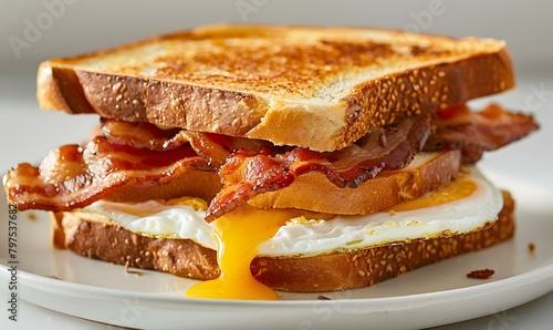 A close-up shot of food on a white plate, featuring two slices of bread with bacon and eggs in between, Generative AI