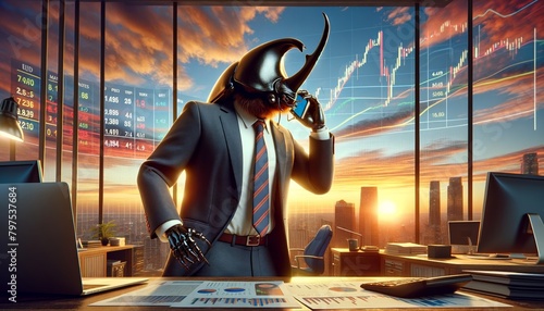 A dung beetle wearing a suit is talking on the phone while standing in an office and looking out at the city.