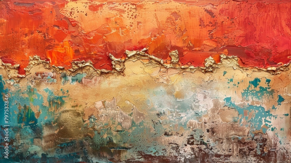 An abstract painting inspired by the fusion of clay and glass with layers of rich vibrant color and texture that evoke the feeling of these two mediums coming together to create soing.