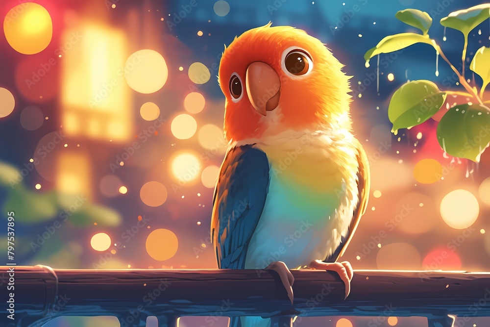 Naklejka premium Cute cartoon parrots with colorful city lights in the background