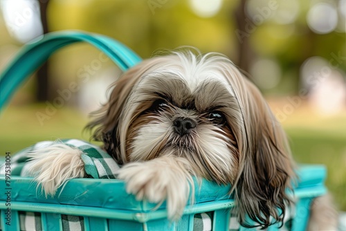 High-Resolution Shih Tzu Puppy in Turquoise Picnic Basket - Leisure and Relaxation photo