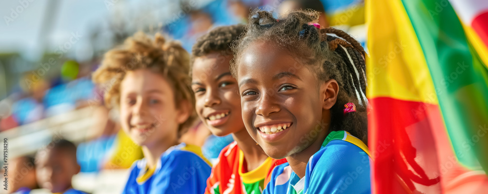 Group of happy children watching together a sports event in the stadium
Group of happy children watching together a sports event in the stadium