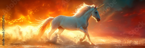 Full shot unicorn on rainbow sky background,
Horses running in the desert with mountains in the background photo