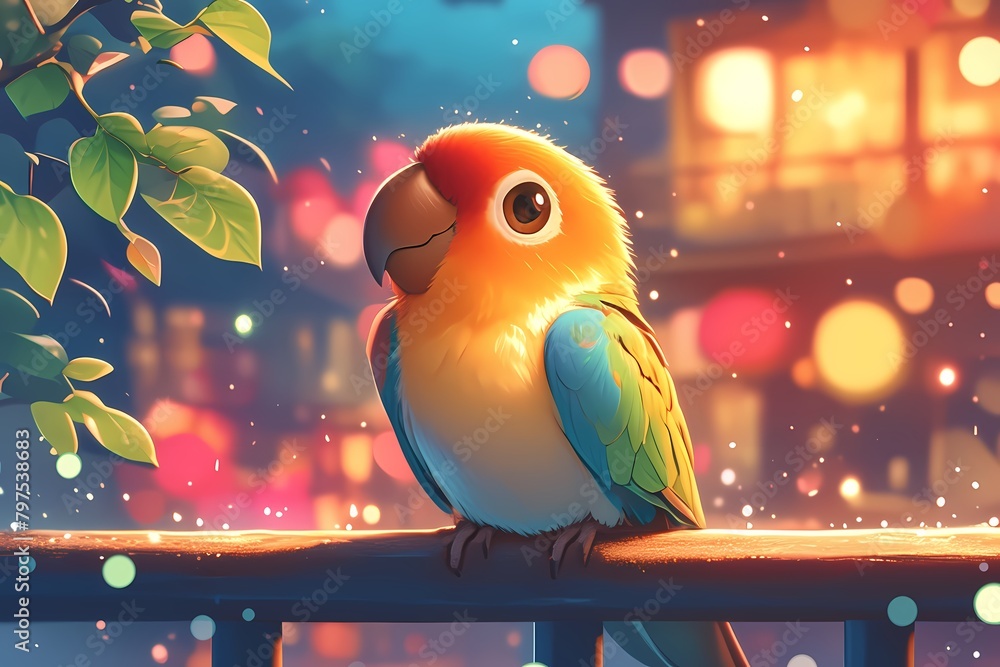 Naklejka premium Cute cartoon parrots with colorful city lights in the background