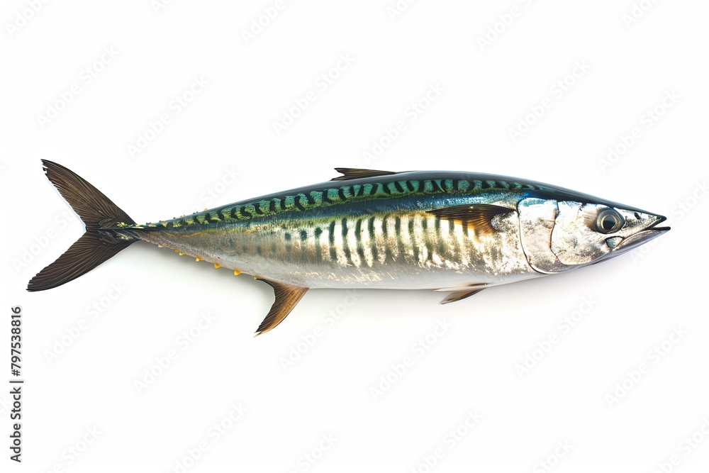 High-Resolution Side Profile Mackerel Photography: Shiny Gradient Scales on White Background High-Resolution Side Profile Mackerel Photography: Shiny Gradient Scales on White Background