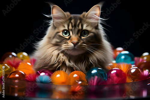 Siberian cat on a black background with colorful candies.