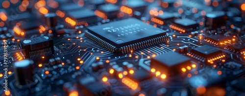 Close up of a computer chip, electronic component on a motherboard