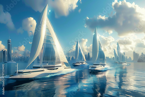 A futuristic portrayal of sailing boats outfitted with advanced solar technology for sustainable travel. photo