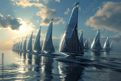 A futuristic portrayal of sailing boats outfitted with advanced solar technology for sustainable travel, hyper realistic, low noise, low texture photo