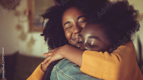 Hija abrazando a su madre en casa -  Día de la madre y concepto de amor familiar photo