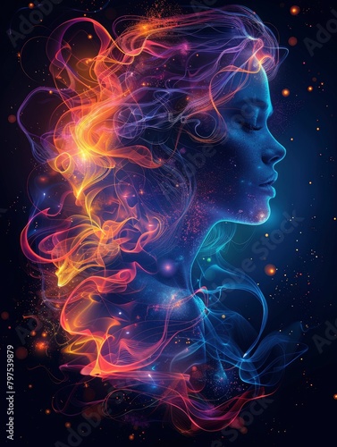 A beautiful woman with hair made of colorful smoke, glowing cosmic energy around her head