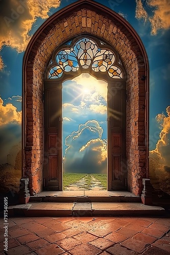 Stairs to paradise, to heaven through stone doors. Bright light from heaven's door, concept art, epic light, stairs to heaven background illustration, road to success concept.