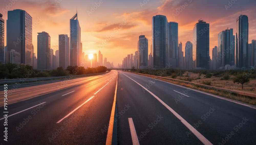 Cityscape with empty road against the sunset backdrop.