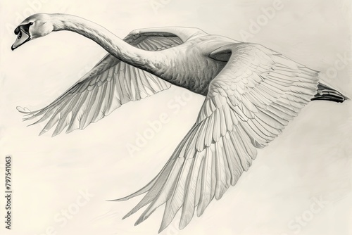 Graceful Swansong: Monochromatic Graphite Sketch of Gliding Swan in Serene Action photo