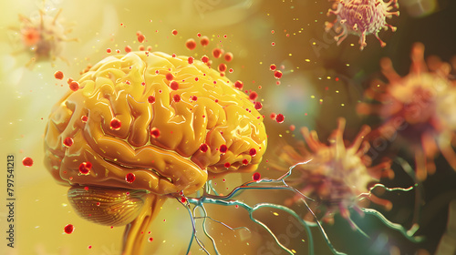 A yellow human brain is illustrated with blue steel thin nerves and red medical symbols surrounding it. while dark yellow cerebrospinal fluid seeps from it. The background features a blurred  photo