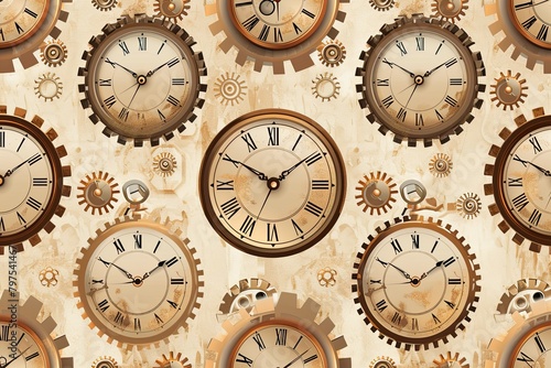 Vintage Steampunk Clocks and Gears on Seamless Beige Background - Retro Wallpaper Design