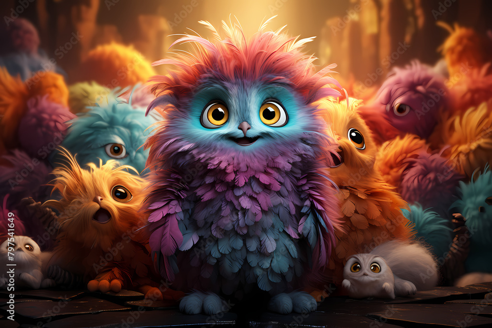 Fototapeta premium A Peculiar Group of Colorful Owls: A Vibrant and Whimsical Gathering 