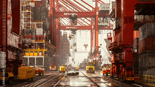 a bustling port terminal with container ships being loaded and unloaded by automated cranes and logistics robots.
