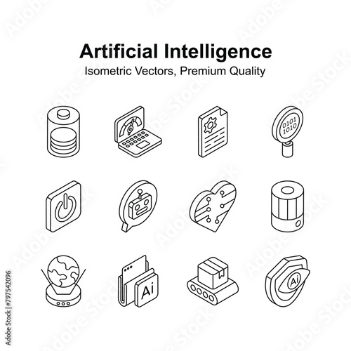 Premium isometric icons set of artificial intelligence, ready to use vectors