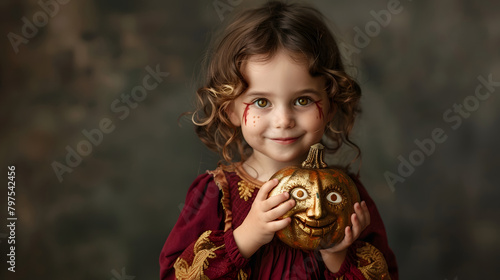 A young girl child outfitted in a maroon ensemble. his visage painted with creepy makeup photo