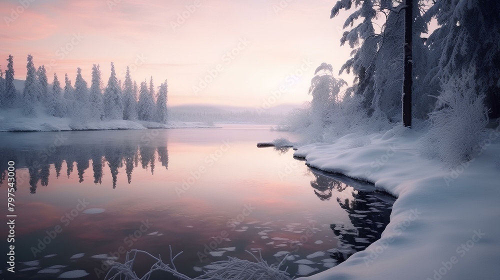 sunrise over the river in snowy winter