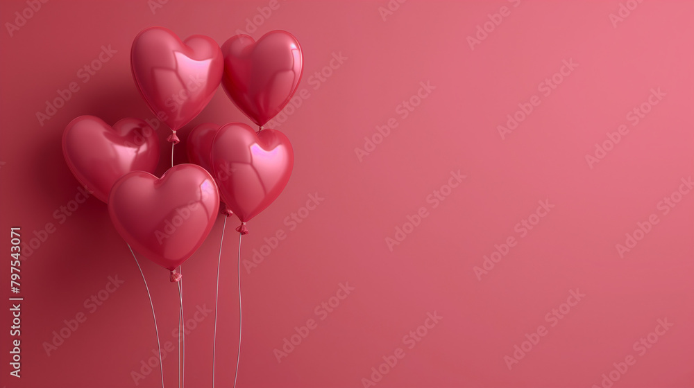 There are six heart-shaped balloons in the image. They are all the same shade of pink and have shiny surfaces. The background of the image is a flat pink color. The balloons are clustered together on 