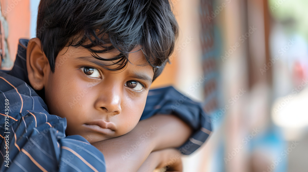 A young Indian boy in a school uniform leaning on his arm. looking at the camera with sad eyes and his head tilted to one side A young Indian boy in a school uniform leaning on his arm. looking at the camera with sad eyes and his head tilted to one side
