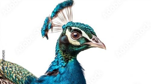 Close up of peacock isolated on white background