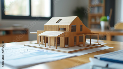 A wooden model of a house sits on top of blueprints.