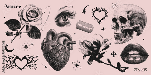 Retro collection of photocopy halftone elements in trendy Y2K aesthetic. Eye, lips, heart, skull, blade, flowers and geometric abstract shapes with grain effect and stippling. Vector dots illustration