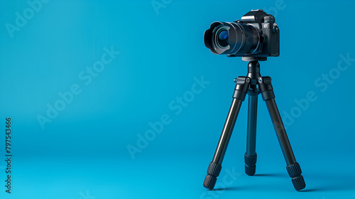 Modern tripod with professional camera on light blue background ,Professional camera on a tripod, on a blue background. Record videos and photos for your blog or report photo