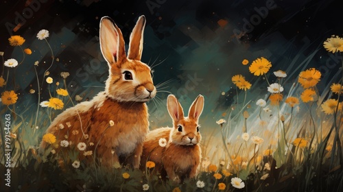A picture whimsical and imaginative illustration of a family of rabbits exploring a whimsical meadow, AI Generative © Horsi