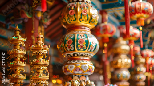 Intricate decorations adorning Buddhist temples for Vesak