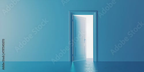 Blue open door with light Interior room entrance symbol of new career opportune in blue background