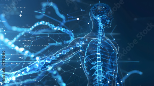 Abstract background with a blue double helix structure representing DNA and a biomedical assistant. Abstract background with a blue double helical model of the human body photo
