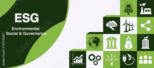 ESG. Environment, Social and Governance Environmental icons environmental investment Connecting environmental icons on green background.