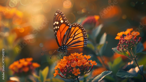 Butterfly, Monarch, perched on garden flower. Nature, Beauty, Wildlife. Insect.