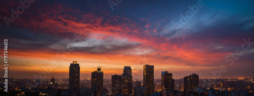 Dusk settling over the cityscape, painting the sky in vibrant colors.