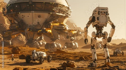 On another planet, humans and robots work together. Spaceport on Mars. future science and technology. harmony between artificial intelligence and humans photo