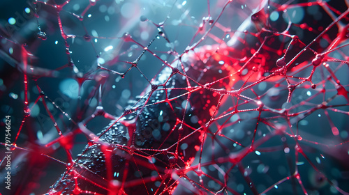 Abstract environment with a red lattice formation representing protein structure and a biochemist. Abstract scene with a red lattice model of the muscle fiber in which one myofibril is highlighted.  photo