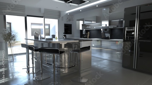 3D Rendering of a Modern Kitchen Design on a White Background