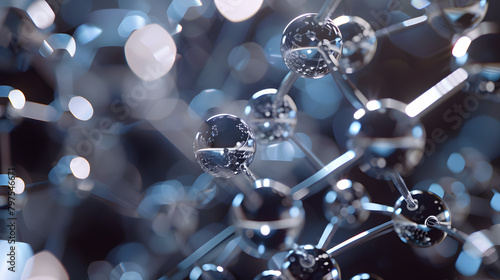 Abstract environment with a silver atomic structure representing chemical compounds and a chemist. Abstract setting with a silver atomic model of a molecule in which one atom is accentuated. 
