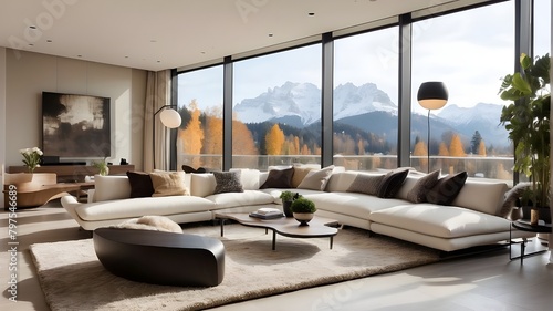 An example of a contemporary living room with large windows photo