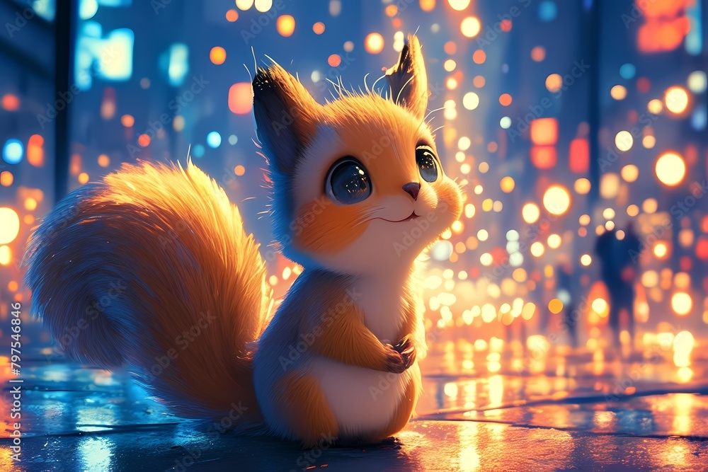 Naklejka premium cartoon tiger squirrel on a background of colorful city lights