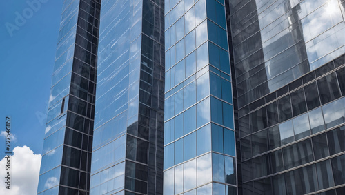 Detailed close-up of sleek glass facades reflecting the skyline in modern office buildings.