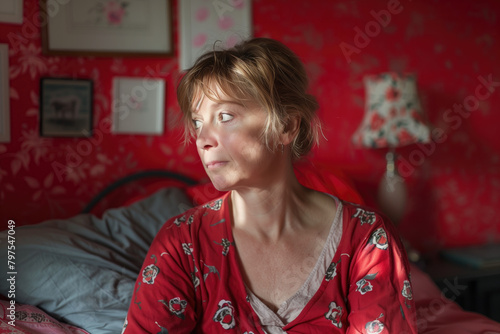 Mujer de unos 50 años con expresión fatigada, sentada en la cama mirando de lado, habitación de paredes rojas sufriendo de insomnio, ropa pijama, trastornos de sueño, pastillas para dormir, medicación photo