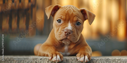 potrait of a Brown pet American pit bull terrier puppy cute over blur background sitting ground photo