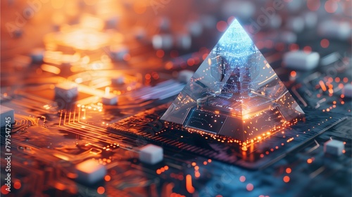 The triangular pyramid is on an electronic circuit board. The triangular top has white lights at the base and the surrounding area has a soft orange glow. The background is blurred.Generative AI illus photo